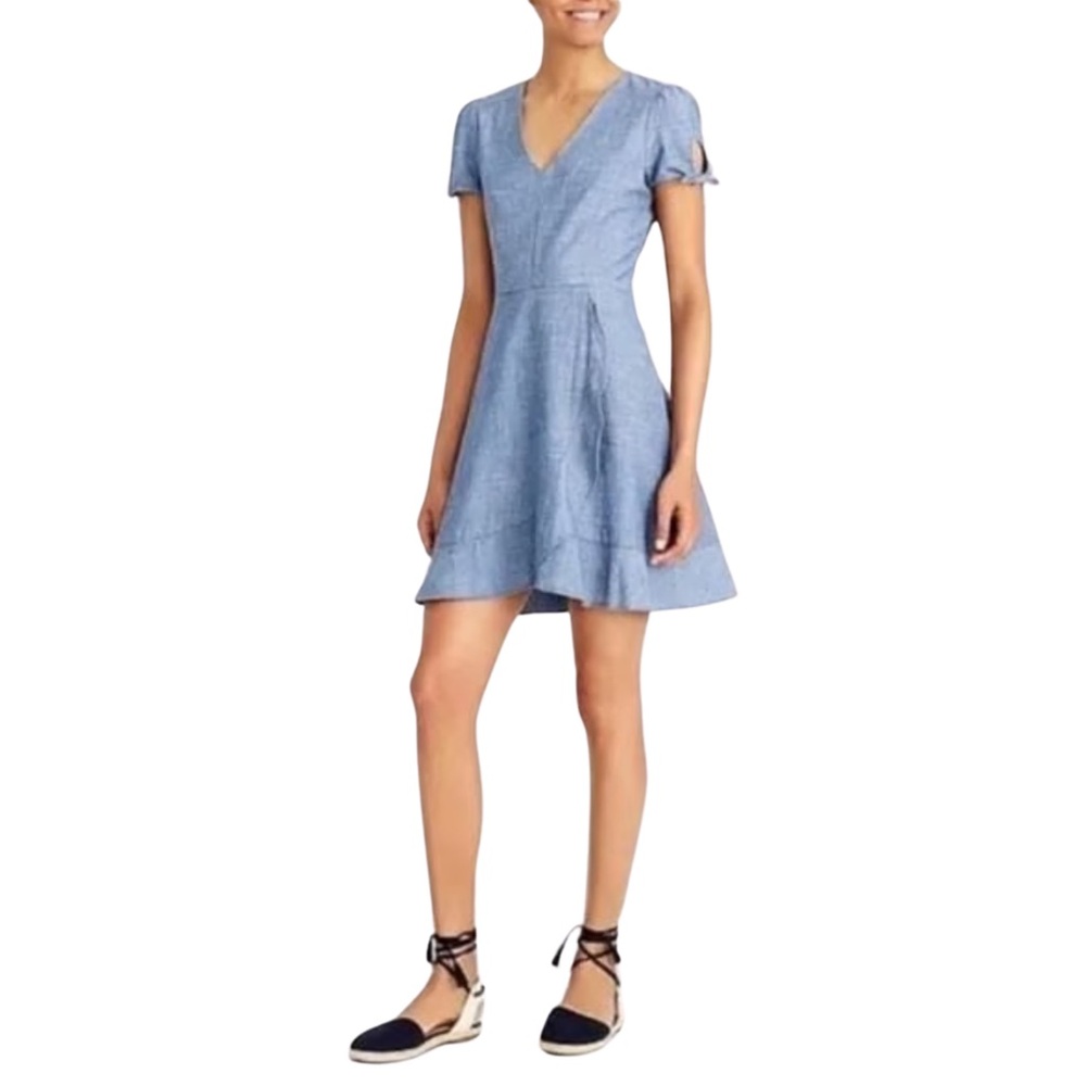 J. Crew Chambray Faux Wrap Preppy Short Sleeve Mini Dress - 6 - Medium Wash Blue